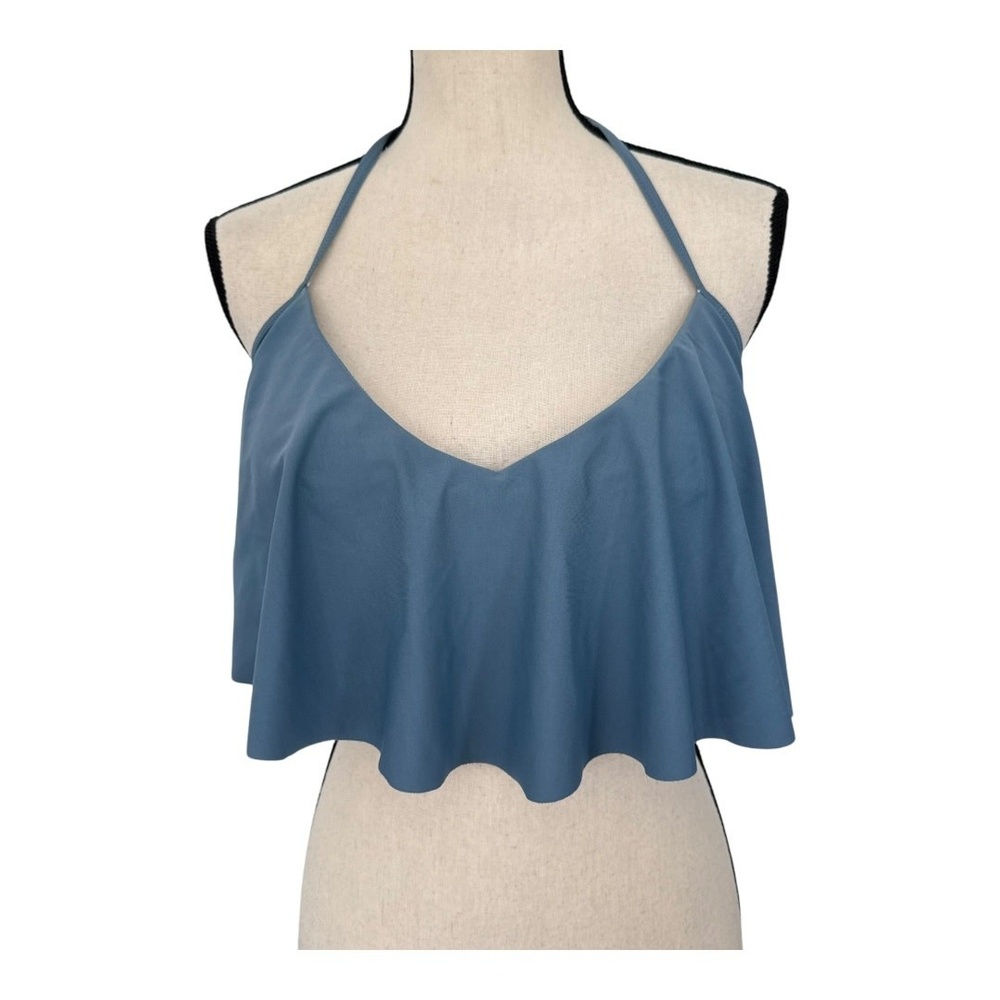 Womens Bikini Top Flounce Ruffle Blue Halter Swimsuit Bathing Suit Top L